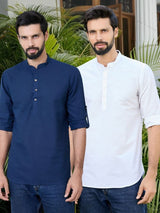 Men Pack Of 2 Navy Blue & White Cotton Solid Short Kurta