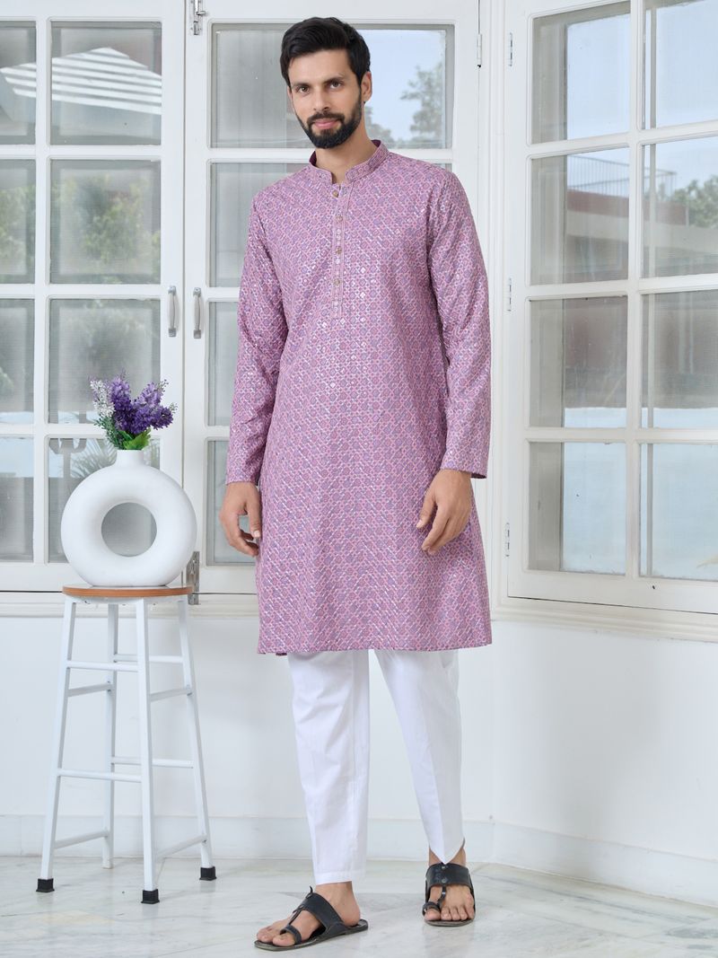 Men Purple-Pink Embroidered Straight Kurta