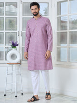 Men Purple-Pink Embroidered Straight Kurta