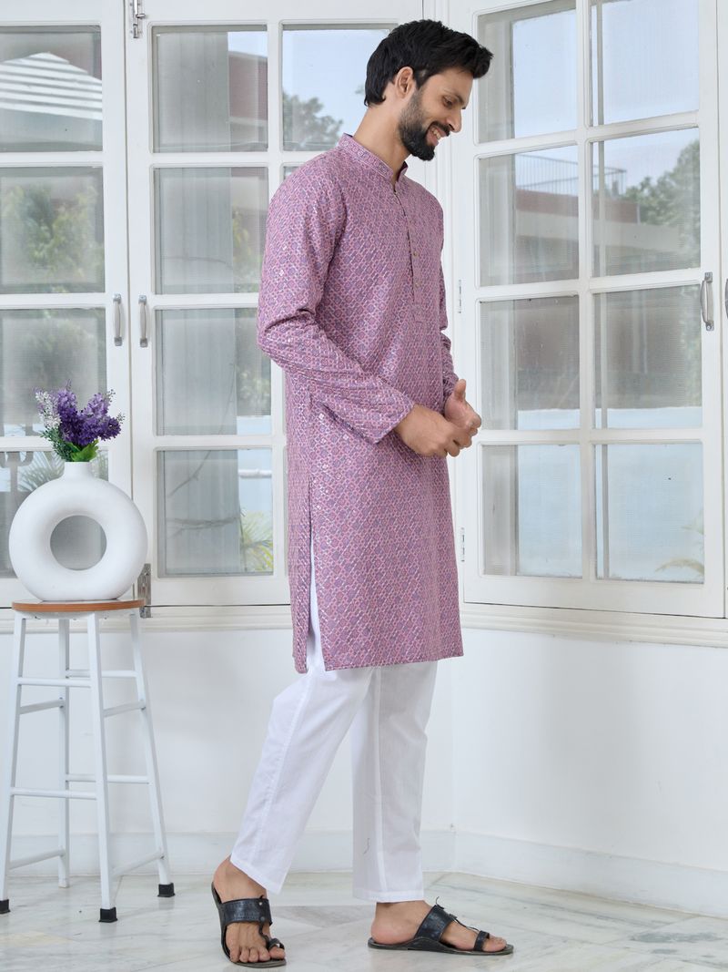 Men Purple-Pink Embroidered Straight Kurta