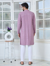 Men Purple-Pink Embroidered Straight Kurta