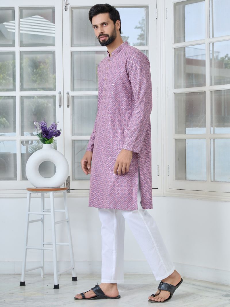 Men Purple-Pink Embroidered Straight Kurta