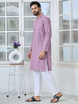 Men Purple-Pink Embroidered Straight Kurta