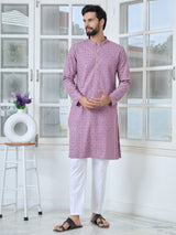 Men Purple-Pink Embroidered Straight Kurta