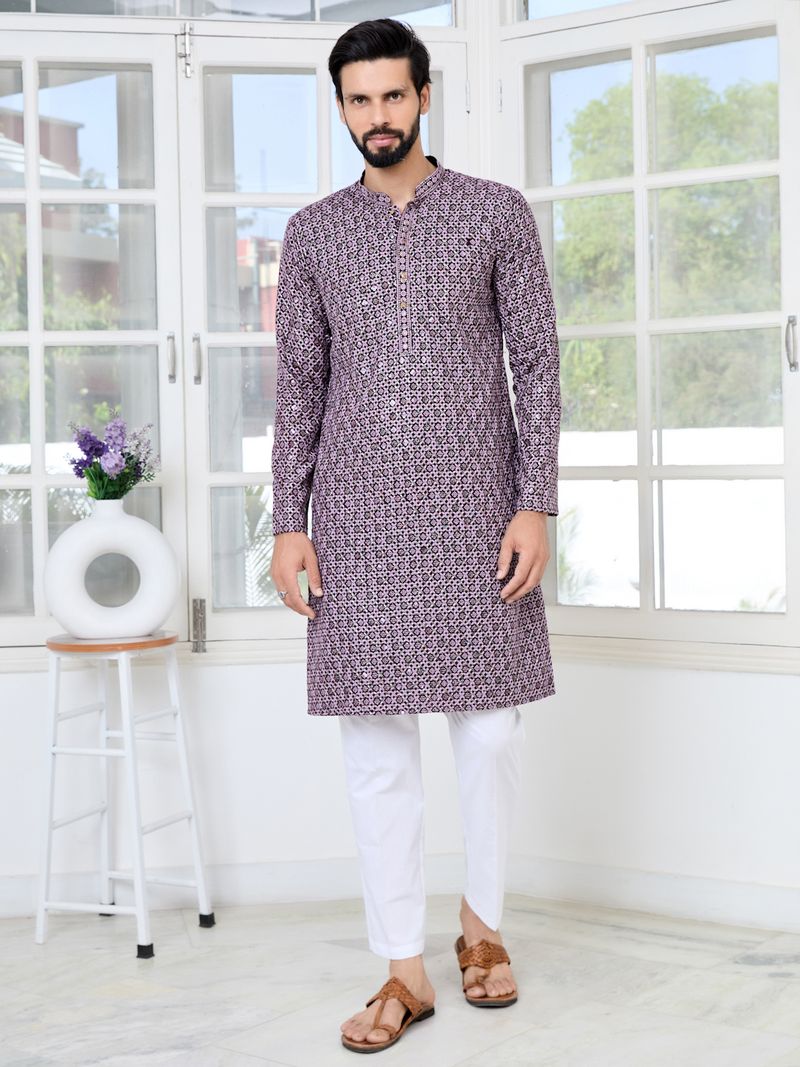 Men Purple Embroidered Straight Kurta