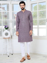 Men Purple Embroidered Straight Kurta
