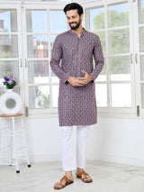 Men Purple Embroidered Straight Kurta