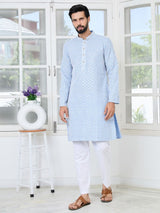 Men's Blue Embroidered Thread Work Sequin Rayon Straight Kurta