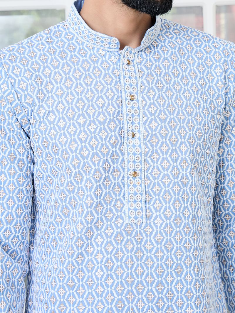 Men's Blue Embroidered Thread Work Sequin Rayon Straight Kurta