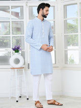 Men's Blue Embroidered Thread Work Sequin Rayon Straight Kurta