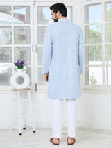 Men's Blue Embroidered Thread Work Sequin Rayon Straight Kurta