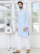 Men's Blue Embroidered Thread Work Sequin Rayon Straight Kurta