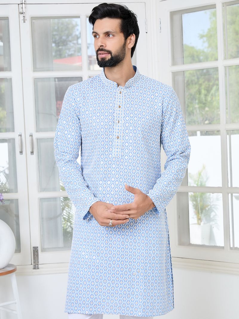 Men's Blue Embroidered Thread Work Sequin Rayon Straight Kurta