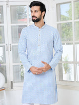 Men's Blue Embroidered Thread Work Sequin Rayon Straight Kurta