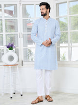 Men's Blue Embroidered Thread Work Sequin Rayon Straight Kurta
