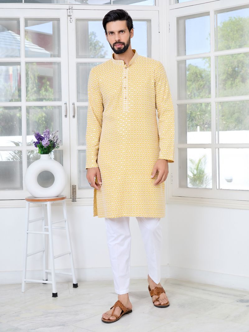 Men's Mustard Embroidered Thread Work Sequin Rayon Straight Kurta