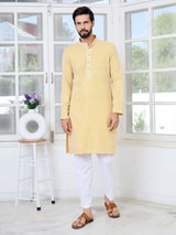 Men's Mustard Embroidered Thread Work Sequin Rayon Straight Kurta