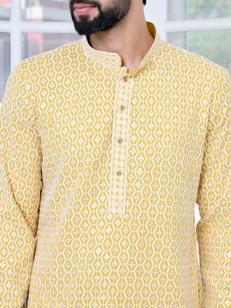 Men's Mustard Embroidered Thread Work Sequin Rayon Straight Kurta