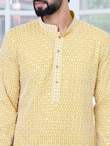 Men's Mustard Embroidered Thread Work Sequin Rayon Straight Kurta