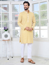 Men's Mustard Embroidered Thread Work Sequin Rayon Straight Kurta
