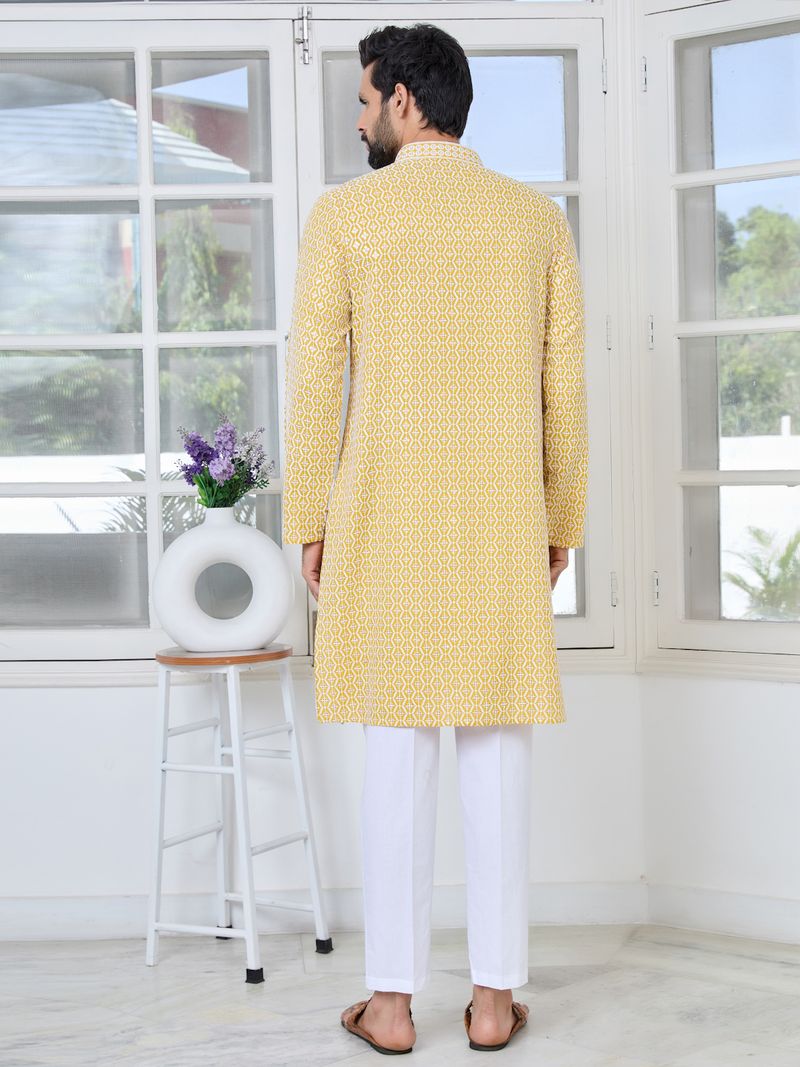 Men's Mustard Embroidered Thread Work Sequin Rayon Straight Kurta