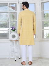 Men's Mustard Embroidered Thread Work Sequin Rayon Straight Kurta