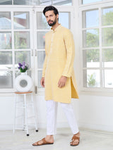 Men's Mustard Embroidered Thread Work Sequin Rayon Straight Kurta