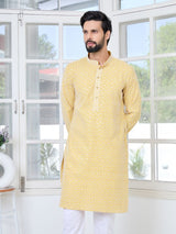 Men's Mustard Embroidered Thread Work Sequin Rayon Straight Kurta