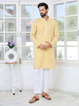 Men's Mustard Embroidered Thread Work Sequin Rayon Straight Kurta