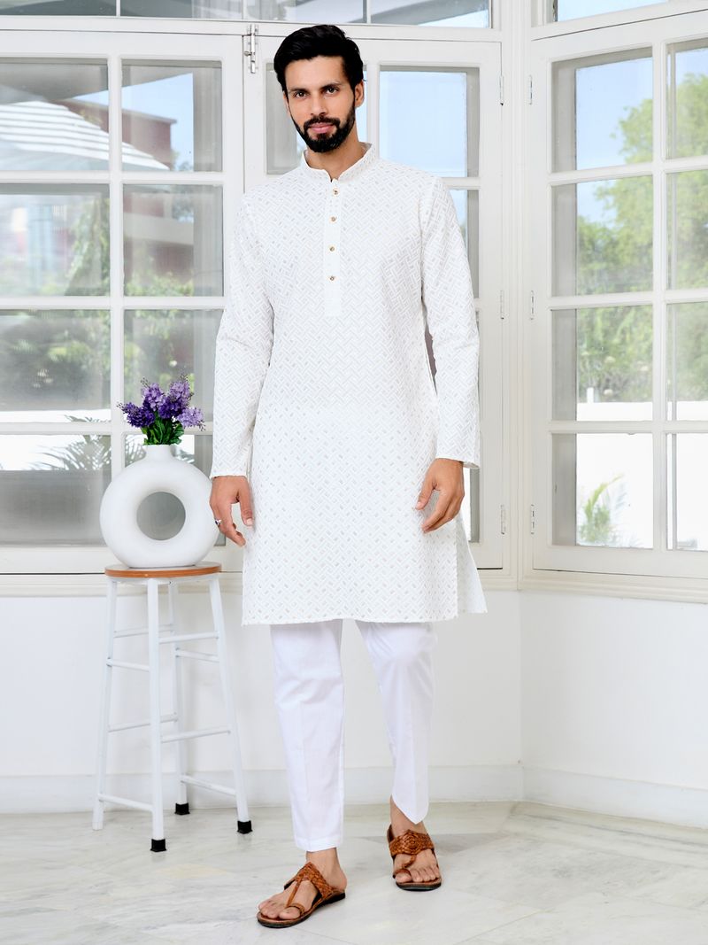 Men's White Embroidered Thread Work Sequin Rayon Straight Kurta