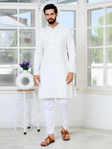 Men's White Embroidered Thread Work Sequin Rayon Straight Kurta