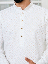 Men's White Embroidered Thread Work Sequin Rayon Straight Kurta