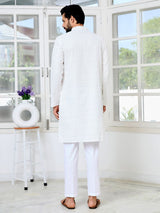 Men's White Embroidered Thread Work Sequin Rayon Straight Kurta