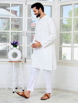 Men's White Embroidered Thread Work Sequin Rayon Straight Kurta