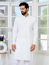 Men's White Embroidered Thread Work Sequin Rayon Straight Kurta