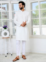 Men's White Embroidered Thread Work Sequin Rayon Straight Kurta