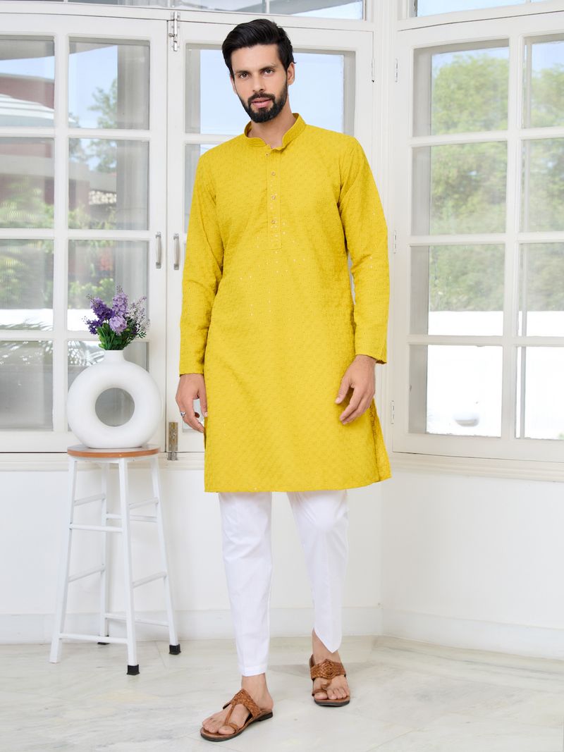 Men's Yellow Embroidered Thread Work Sequin Rayon Straight Kurta