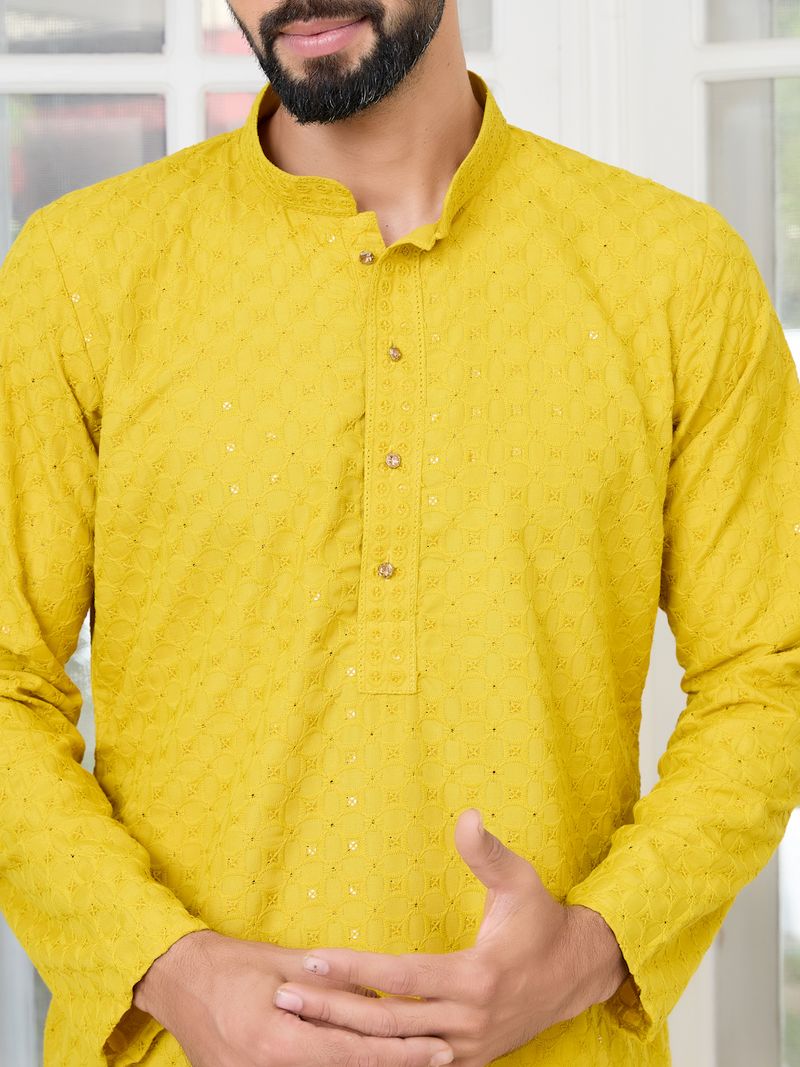 Men's Yellow Embroidered Thread Work Sequin Rayon Straight Kurta