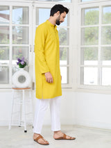Men's Yellow Embroidered Thread Work Sequin Rayon Straight Kurta