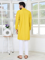 Men's Yellow Embroidered Thread Work Sequin Rayon Straight Kurta