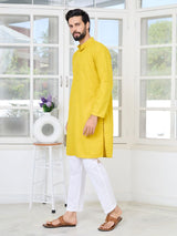 Men's Yellow Embroidered Thread Work Sequin Rayon Straight Kurta