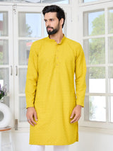 Men's Yellow Embroidered Thread Work Sequin Rayon Straight Kurta