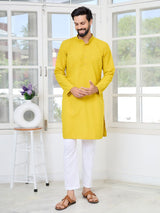 Men's Yellow Embroidered Thread Work Sequin Rayon Straight Kurta