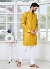 Mustard Embroidered Thread Work Sequin Chanderi Silk Straight Kurta
