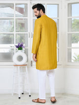 Mustard Embroidered Thread Work Sequin Chanderi Silk Straight Kurta