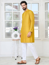 Mustard Embroidered Thread Work Sequin Chanderi Silk Straight Kurta