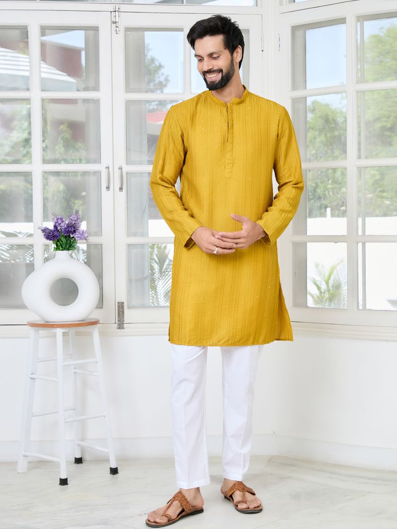 Mustard Embroidered Thread Work Sequin Chanderi Silk Straight Kurta
