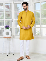 Mustard Embroidered Thread Work Sequin Chanderi Silk Straight Kurta