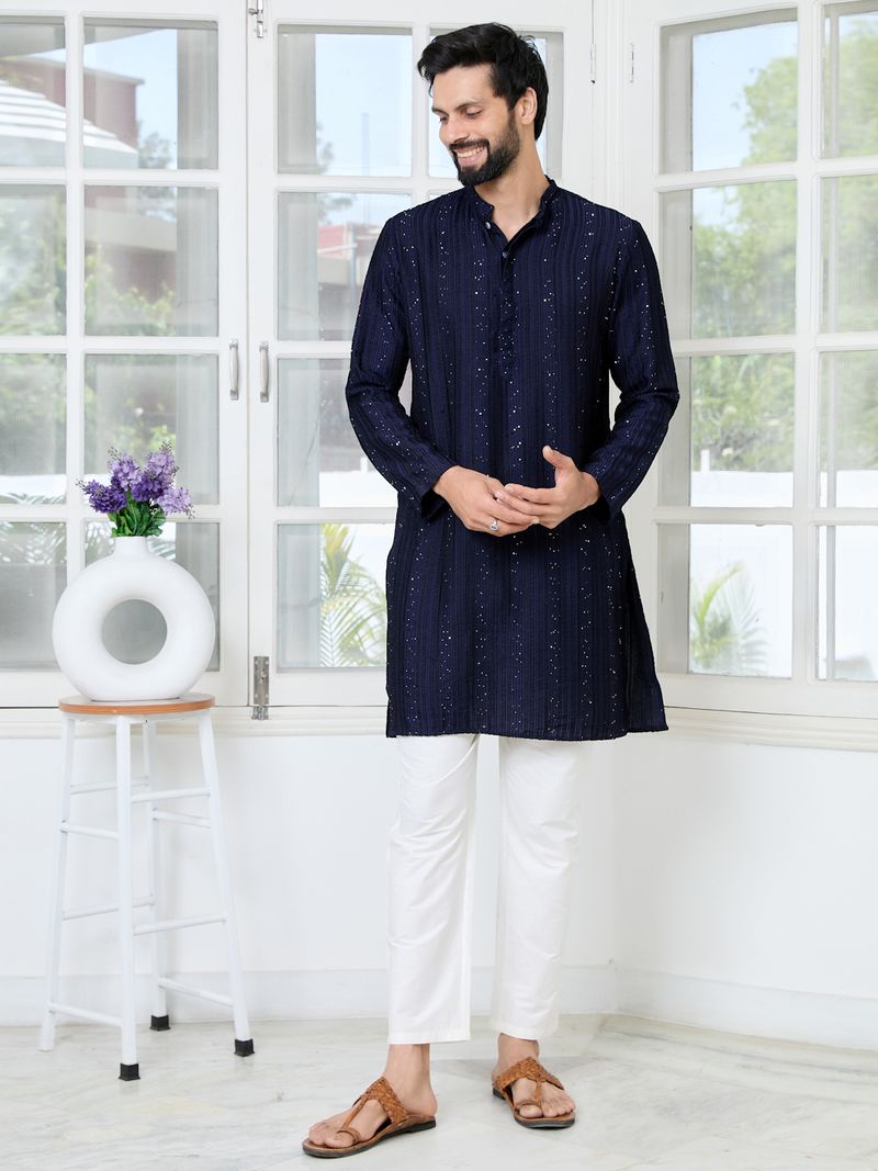 Navy Blue Embroidered Thread Work Sequin Chanderi Silk Straight Kurta