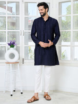 Navy Blue Embroidered Thread Work Sequin Chanderi Silk Straight Kurta